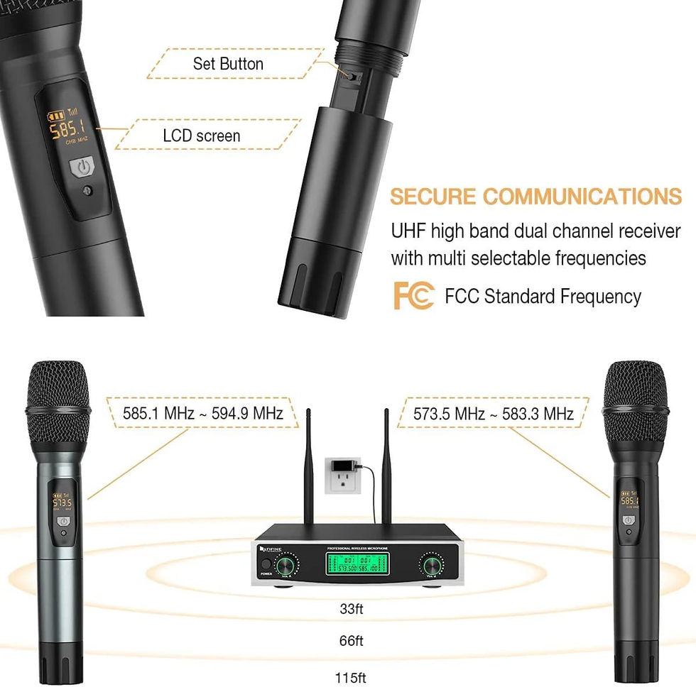 a wireless microphone with it's receiver details