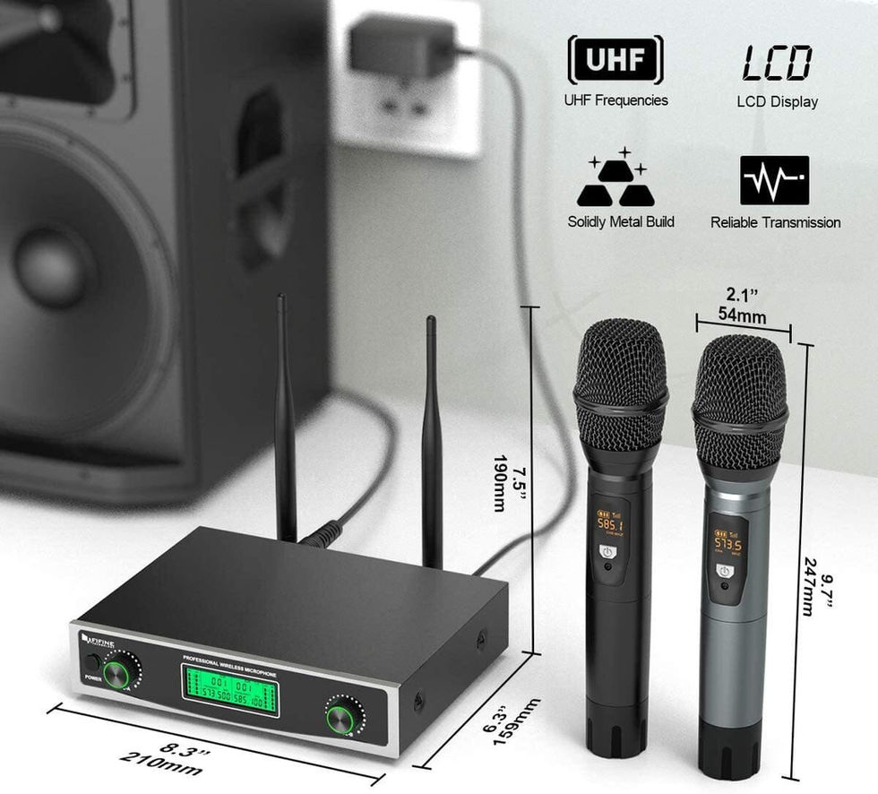 a wireless microphone with it's receiver depiction