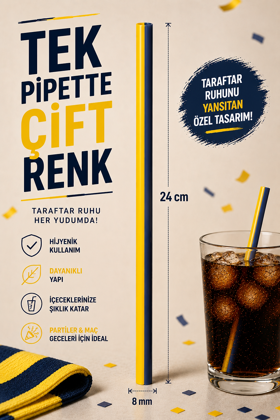 Küçük resim: Fenerbahçr Renkli Pipet 250 Adet 8 mm 24 cm Jelatinli Tek Tek Paketli S