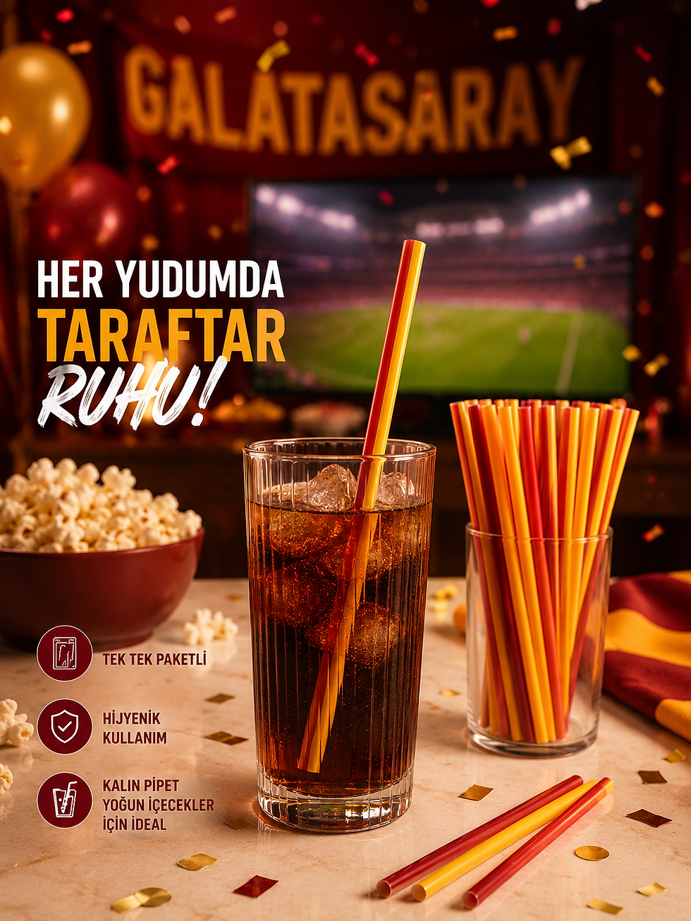 Küçük resim: Galatasaray Renkli Pipet 250 Adet 8 mm 24 cm Jelatinli Tek Tek Paketli Sarı Kırm