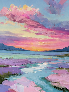 Lavender Paradise oil painting: a pink sunset over lavender fields and water