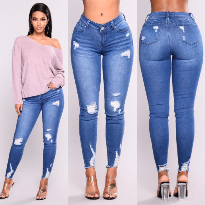 Miniature : Jeans Blue Denim High Waisted Pants Ripped Jeans