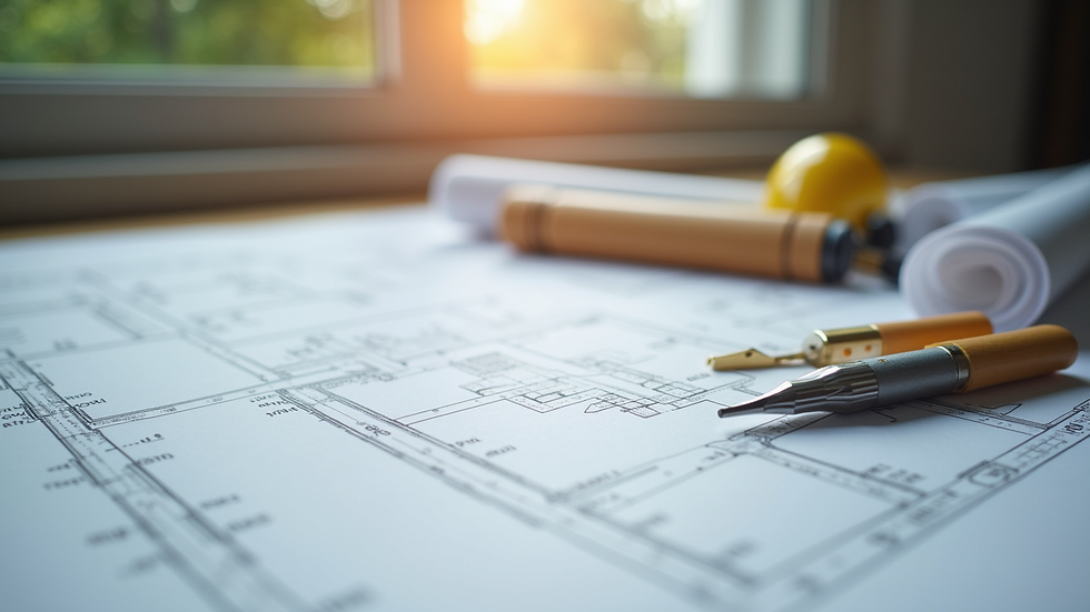 Close-up view of architectural plans and construction tools on a table