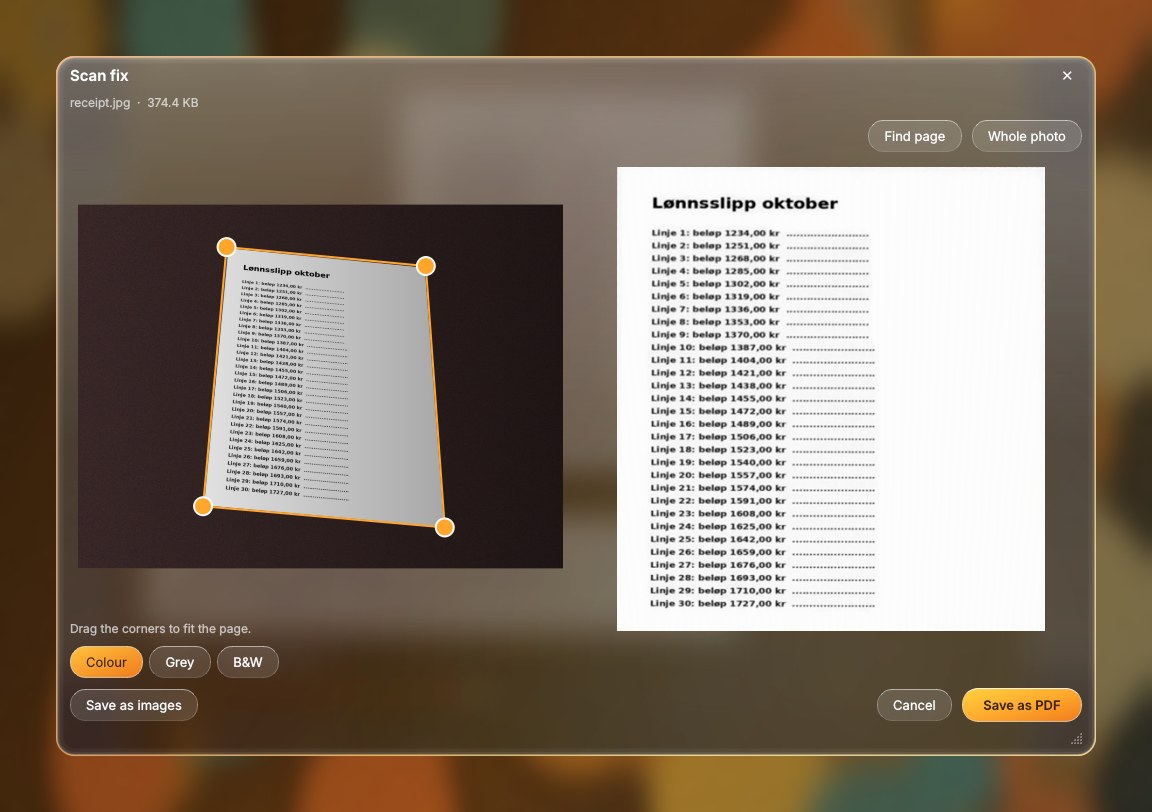 The Scan fix window: a tilted photo of a payslip with its corners marked, and the straightened, clean page beside it