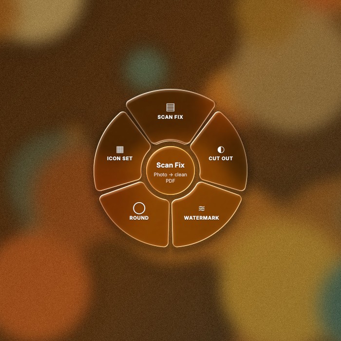 The Studio ring of the Sunflower menu with Scan fix, Cut out, Watermark, Round and Icon set