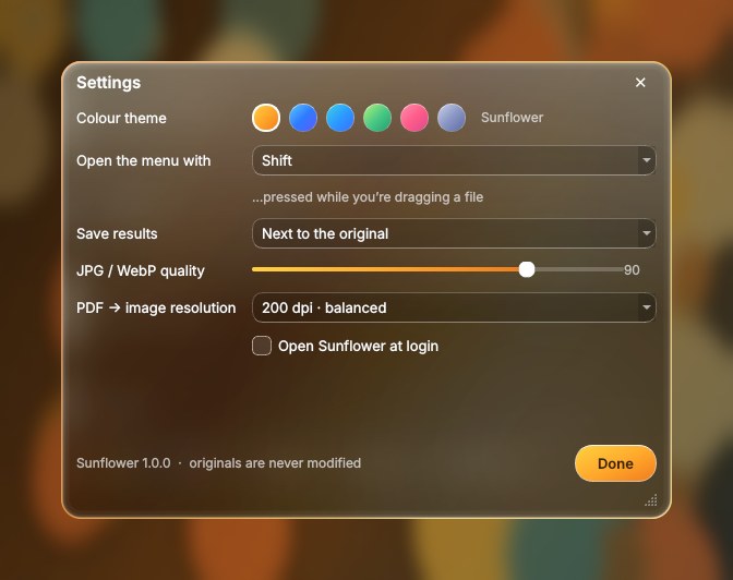 The Sunflower settings window with six colour theme swatches
