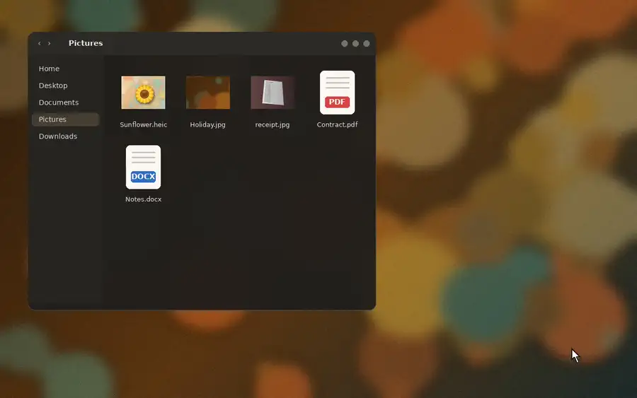 Demo: a photo is dragged out of a folder, Shift is pressed, the Sunflower menu opens, the photo is dropped on JPG, and a notification confirms the new JPG file