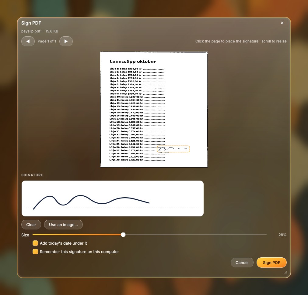 The Sign PDF window with a drawn signature placed near the bottom of a page
