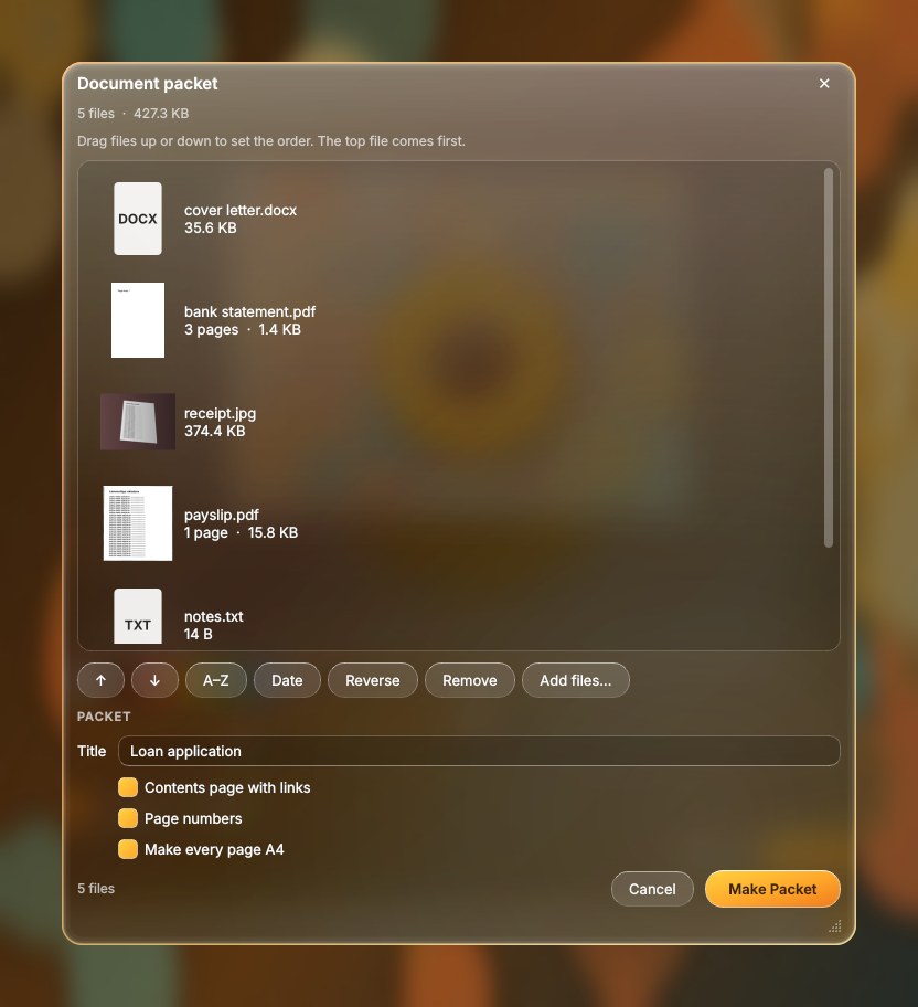 The Document packet window listing a cover letter, a bank statement, a receipt photo, a payslip and notes in order