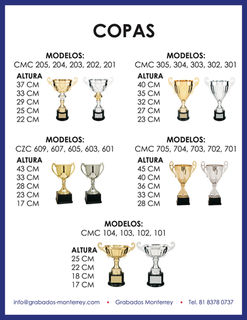 Catálogo de copas / trofeos con modelos y tamaños.