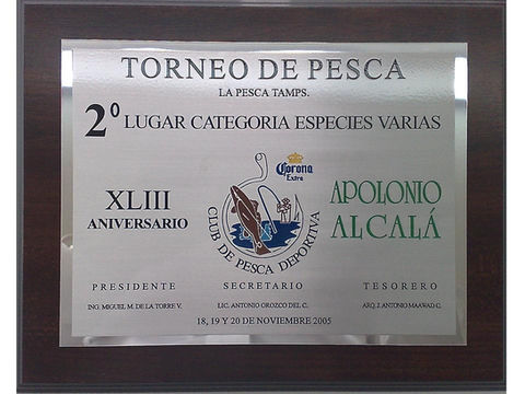 Placa grabada sobre madera con logo institucional para dar reconocer el segundo lugar en torneo.