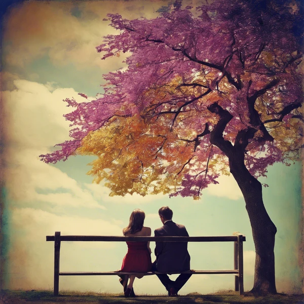 a man and a woman sit on a bench under a tree