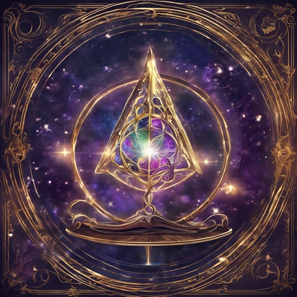a purple and gold artwork with a triangle in the center