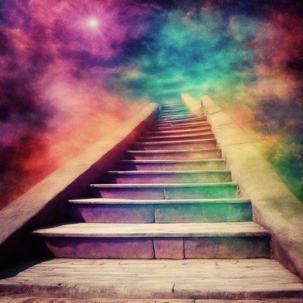 a set of stairs leading up to a colorful sky