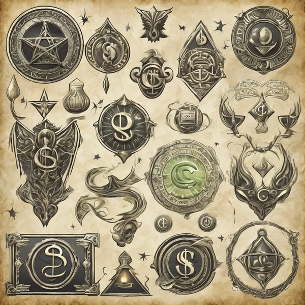 a collection of coins with a dollar sign on them