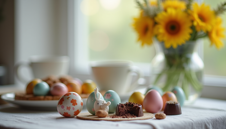 Close-up de uma mesa de café da manhã de Páscoa com ovos decorados, chocolates e flores