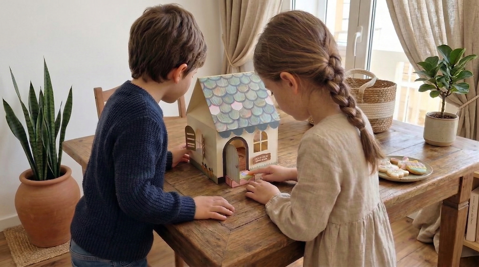 Vista aérea de uma casa decorada para Páscoa com crianças participando de uma caça aos ovos no jardim
