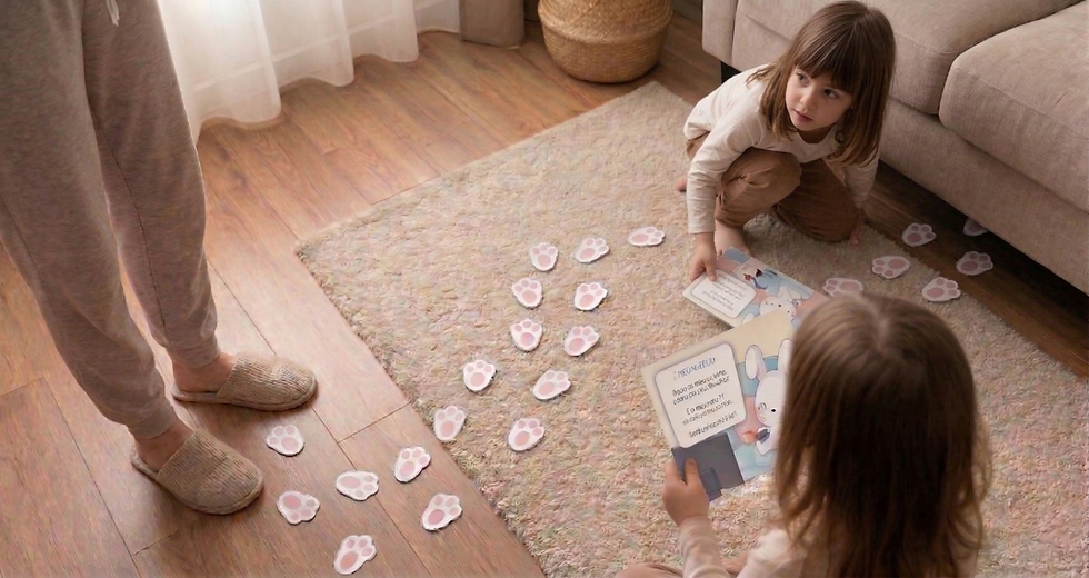 Vista frontal de uma sala decorada como casa do coelho com crianças pintando ovos de Páscoa