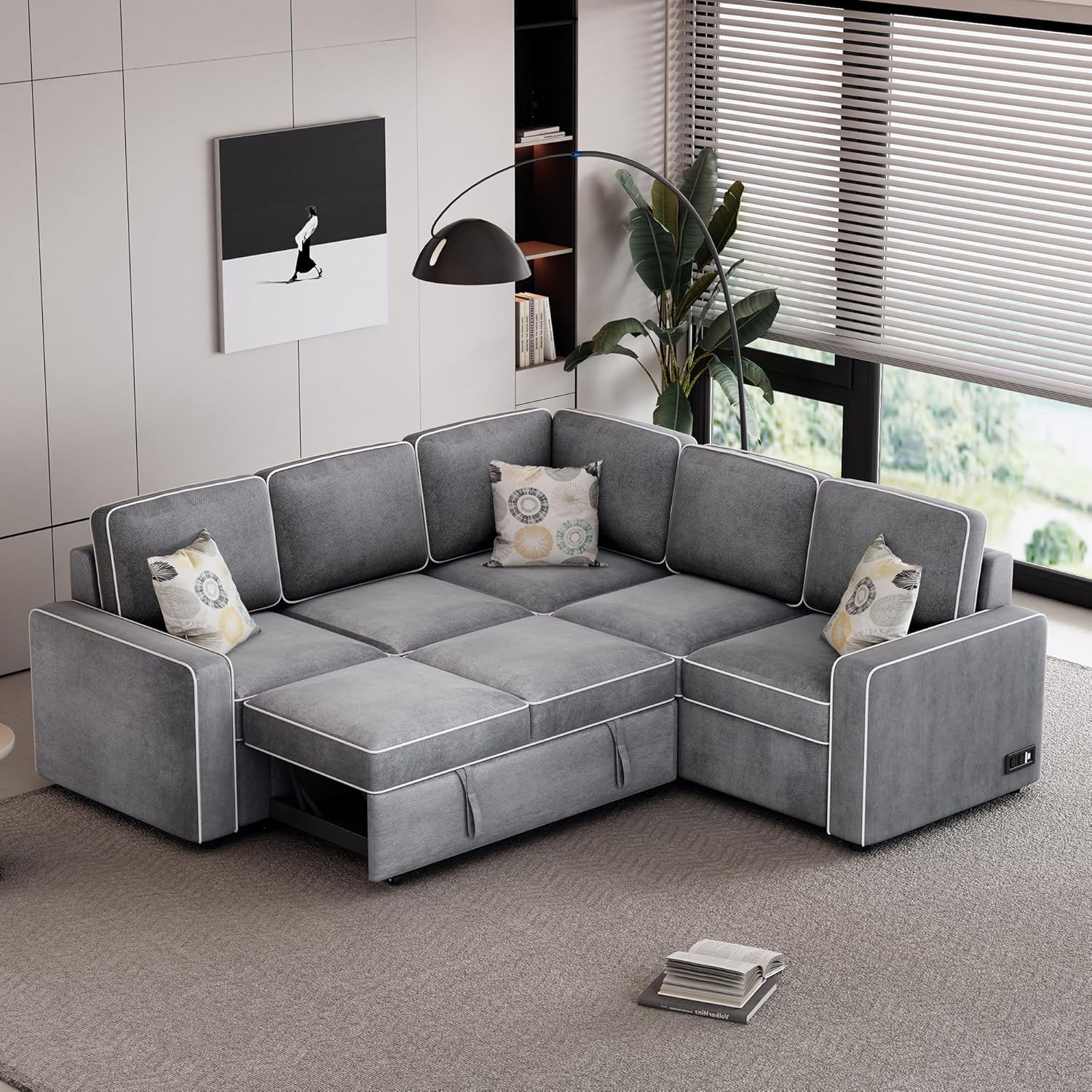 Convertible Sectional Sofa, Pull-Out Sleeper Sofa Bed with 3 Pillows and 2 USB P