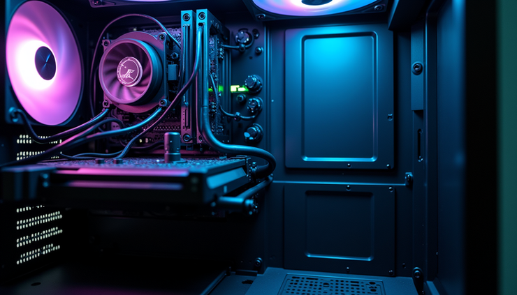 Eye-level view of a PC case interior showing organized cables and multiple cooling fans