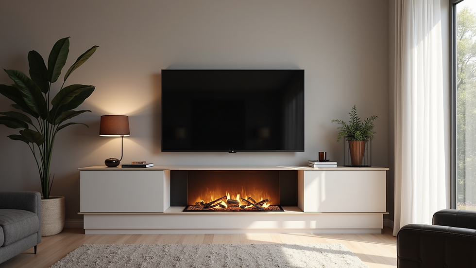 Eye-level view of a modern fireplace TV stand with a flat-screen TV and decorative items