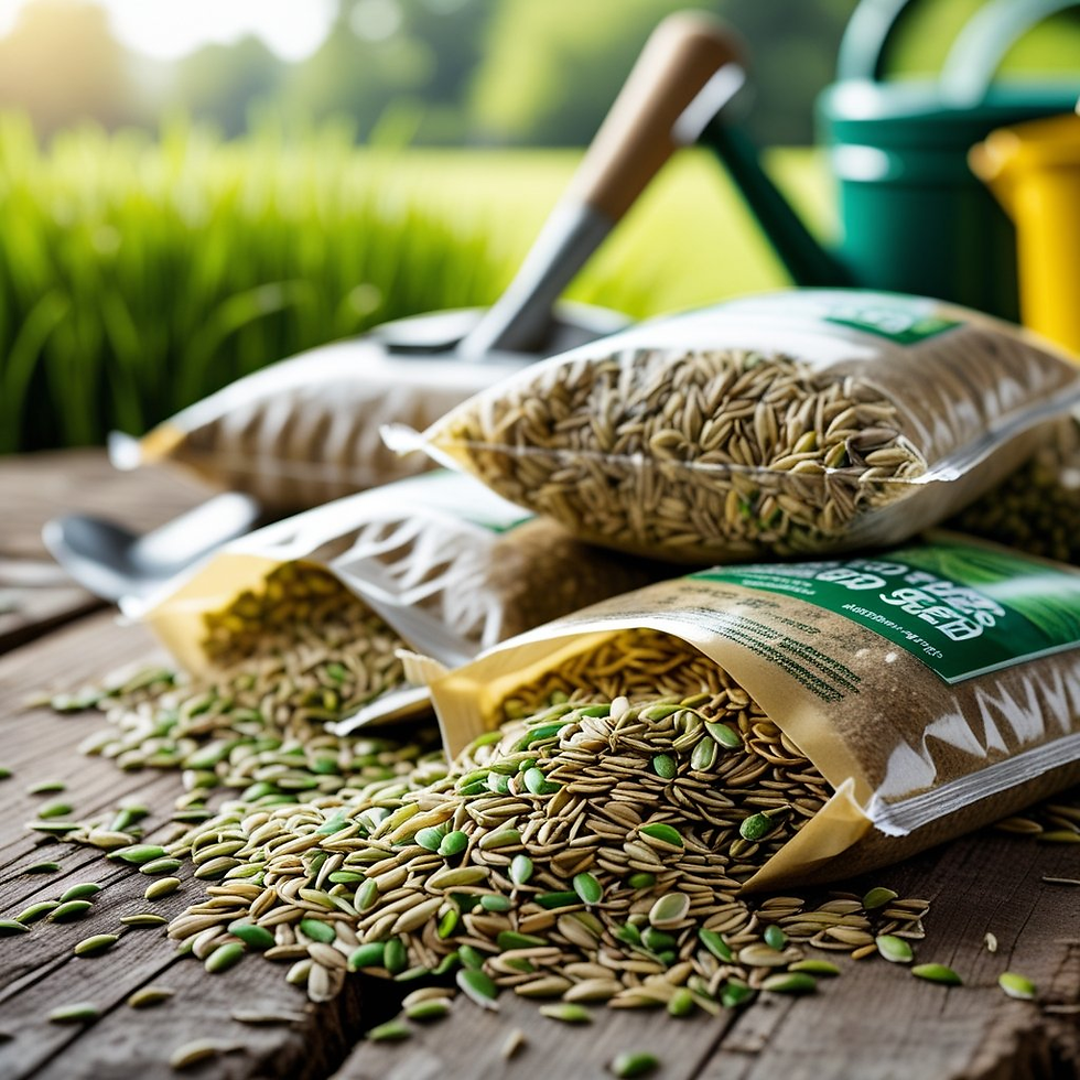 Bags of grass seed spill onto a rustic wooden table. A trowel and watering can are in the background, with lush greenery visible.