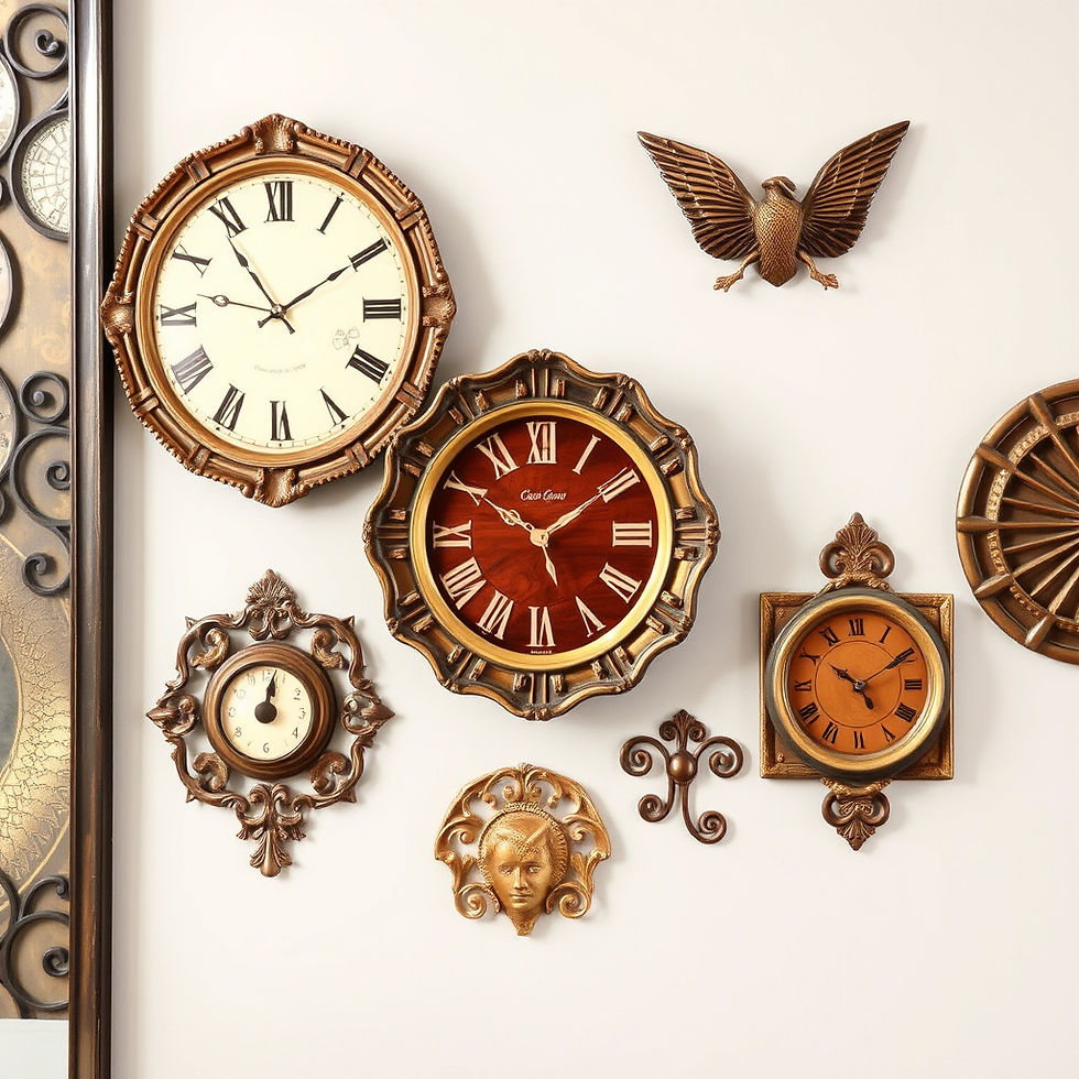Vintage wall clocks with Roman numerals on a beige wall, featuring ornate bronze designs and a decorative eagle. Warm, classic ambiance.