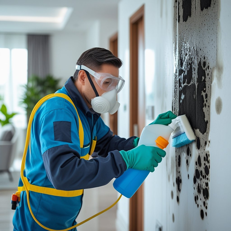 Person in blue uniform and goggles cleaning moldy wall with spray and brush. Bright room, focused expression, green gloves, modern setting.