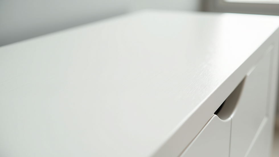 Close-up view of a white dresser surface showing clean and smooth finish