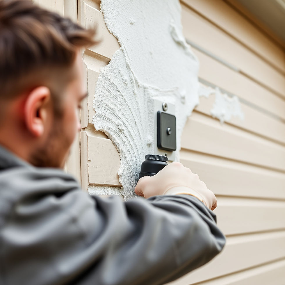 Person removing stucco from beige siding with a tool. Focus is on peeling texture, creating a dynamic pattern. No visible text.