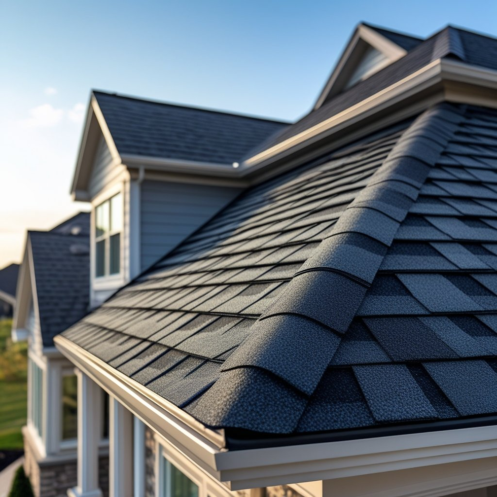 Close-up of a house with dark grey shingle roof against a blue sky. Modern design, bright sunlight highlighting textures, creating a calm mood.