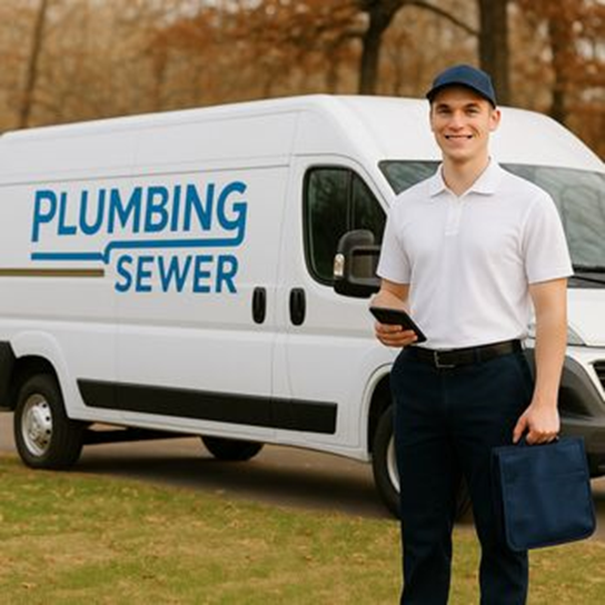 Smiling man in uniform holds a phone and bag, standing by a van labeled "Plumbing Sewer" in a park with autumn trees.