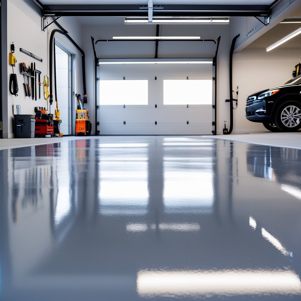 Clean garage with shiny gray floor, tools on wall, partially visible black SUV, and bright overhead lights. Modern and organized setting.