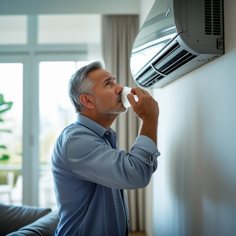 Man in a blue shirt uses a tissue near an air conditioner in a bright room. He appears concerned, with a window and curtains in the background.