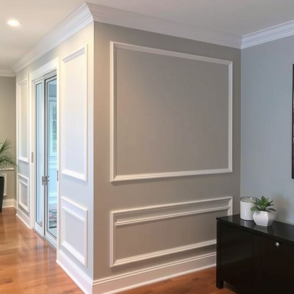 Neutral-toned room corner with gray and white paneled walls. Wooden floor, black cabinet with potted plant, and glass doors visible.