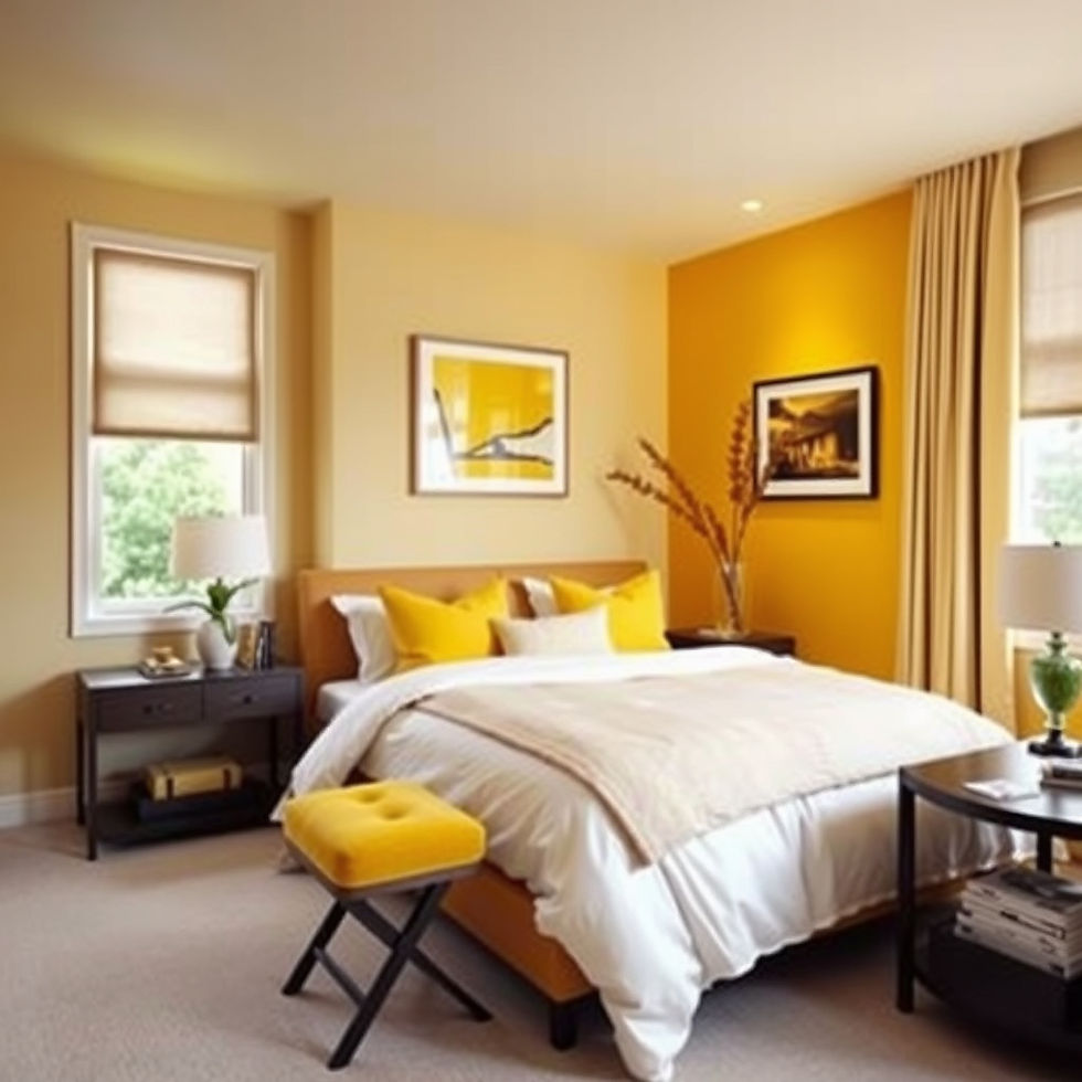Cozy bedroom with yellow accents, featuring a bed, stool, and side tables. Warm walls and soft lighting create a relaxing atmosphere.