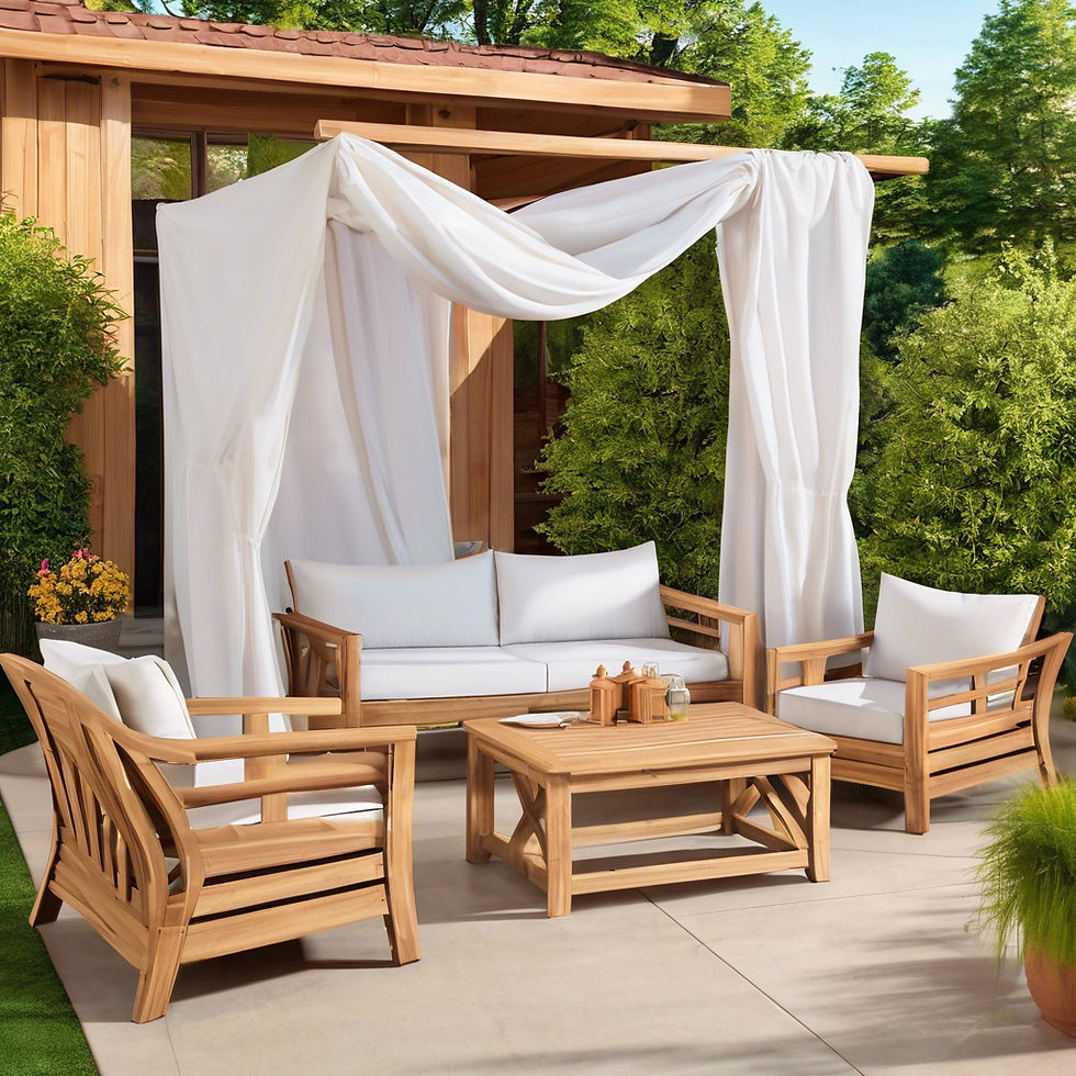 Outdoor patio with wooden furniture, white cushions, and canopy. Lush greenery surrounds, creating a peaceful, inviting atmosphere.