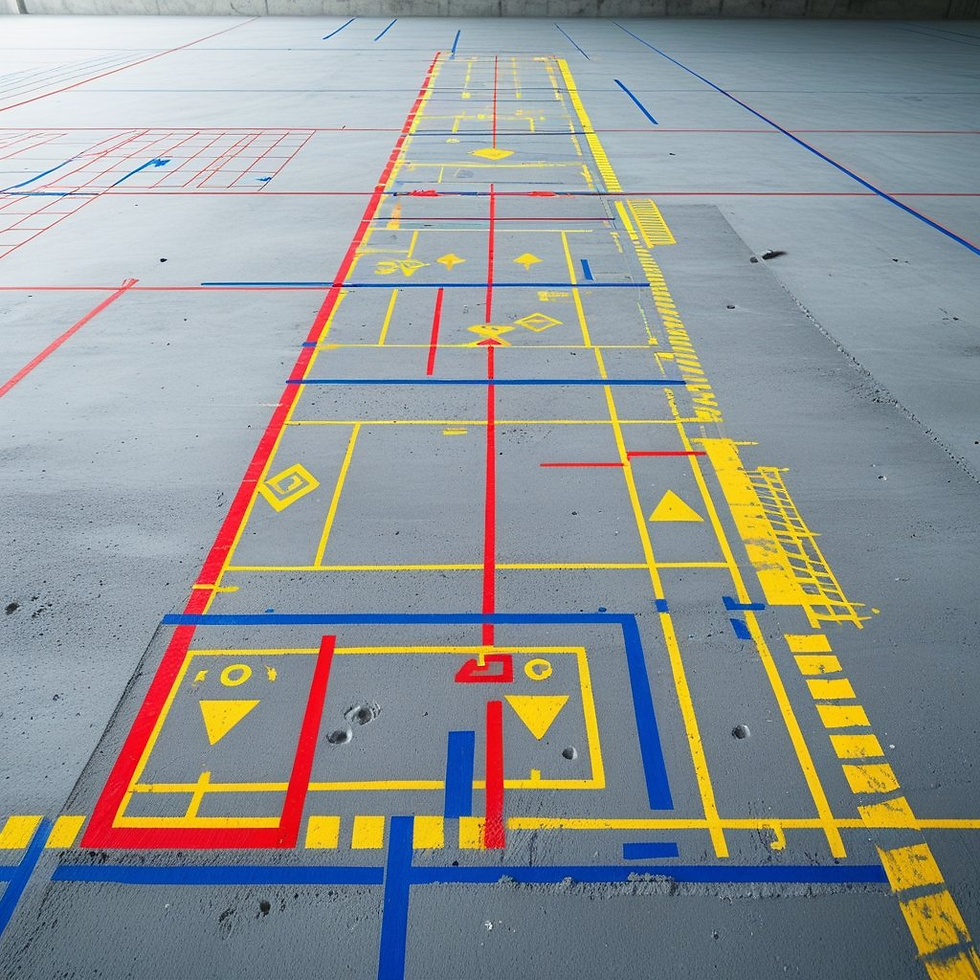 Colorful geometric lines in red, blue, and yellow on a gray concrete floor, resembling a technical blueprint in a spacious, empty room.