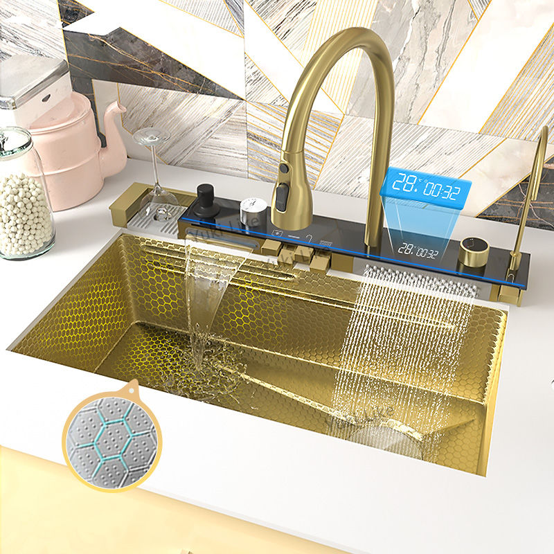 Golden Kitchen Sink Multifunctional Stainless Steel Waterfall Sink Embossed Digi