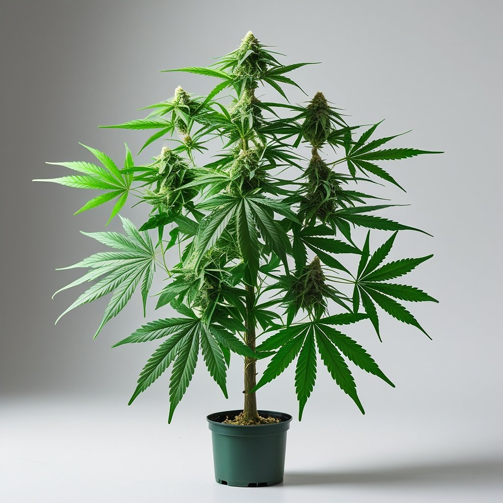 Potted cannabis plant with lush green leaves and buds against a neutral gray background, conveying a calm, natural atmosphere.