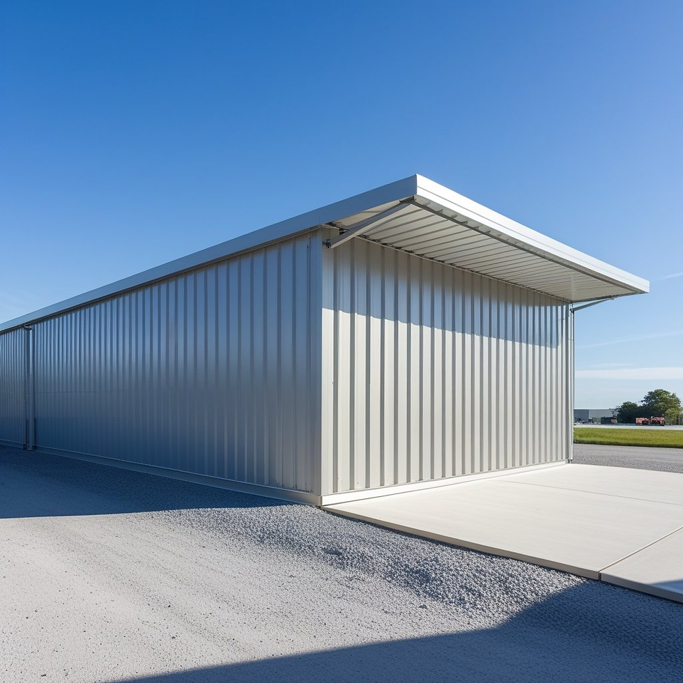 Metallic warehouse with a pitched roof on a sunny day, set against a clear blue sky. The area is empty, with a concrete foreground.