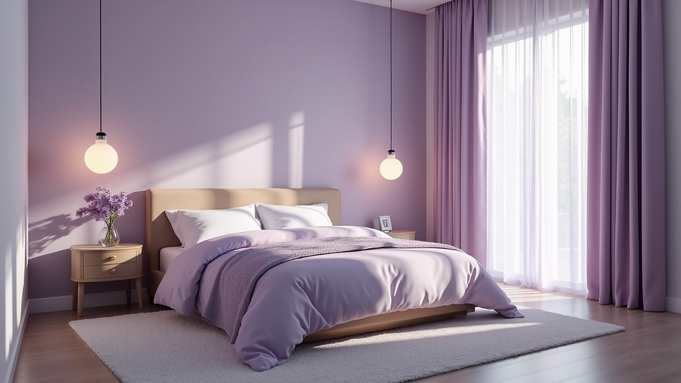 High angle view of a lavender and gray themed bedroom
