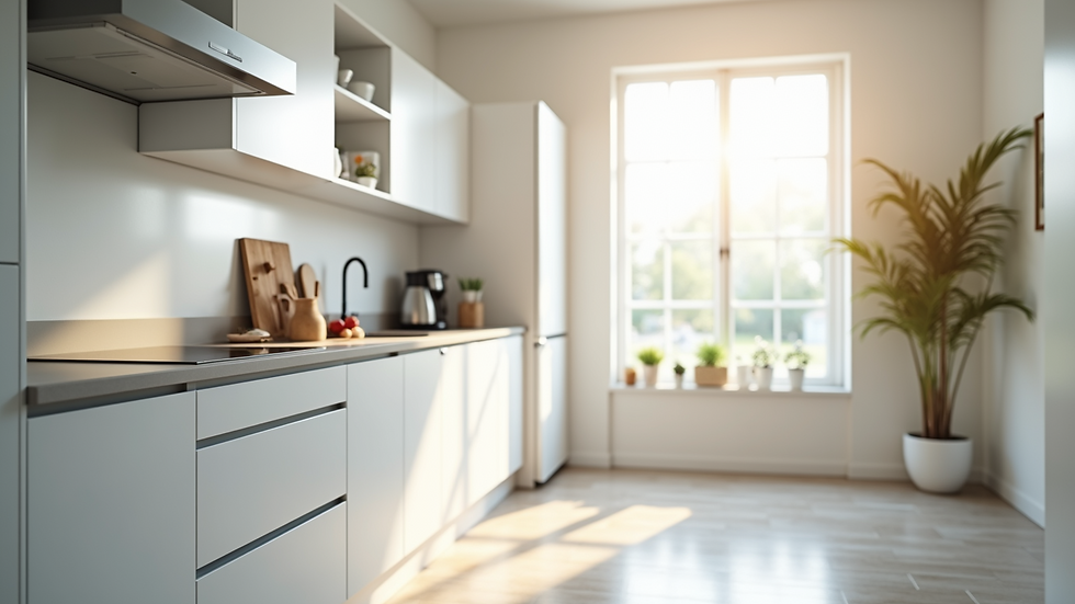 Wide angle view of clean and bright kitchen with white cabinets