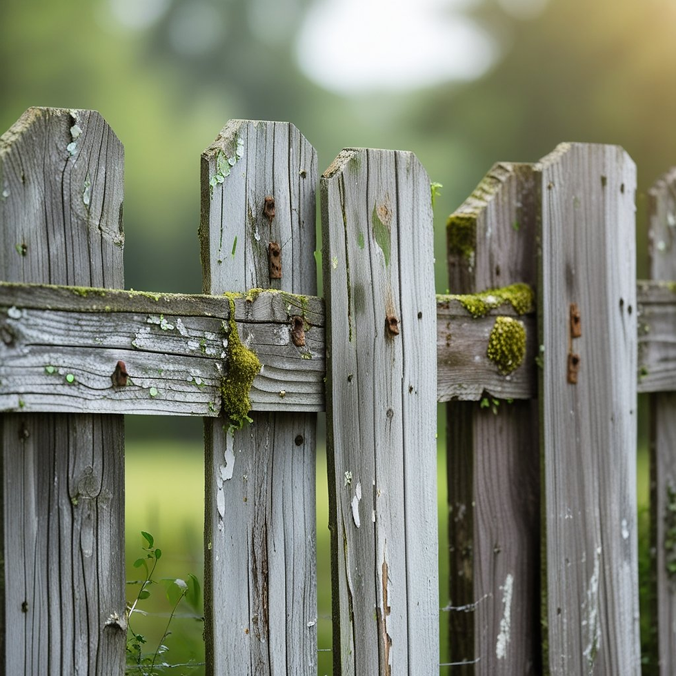 Weathered wooden fence with moss and lichen, set against a blurred green background. Sunlight softly filters through, creating a calm mood.