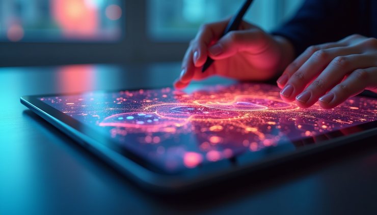 Close-up view of a digital tablet displaying AI-generated graphic design patterns
