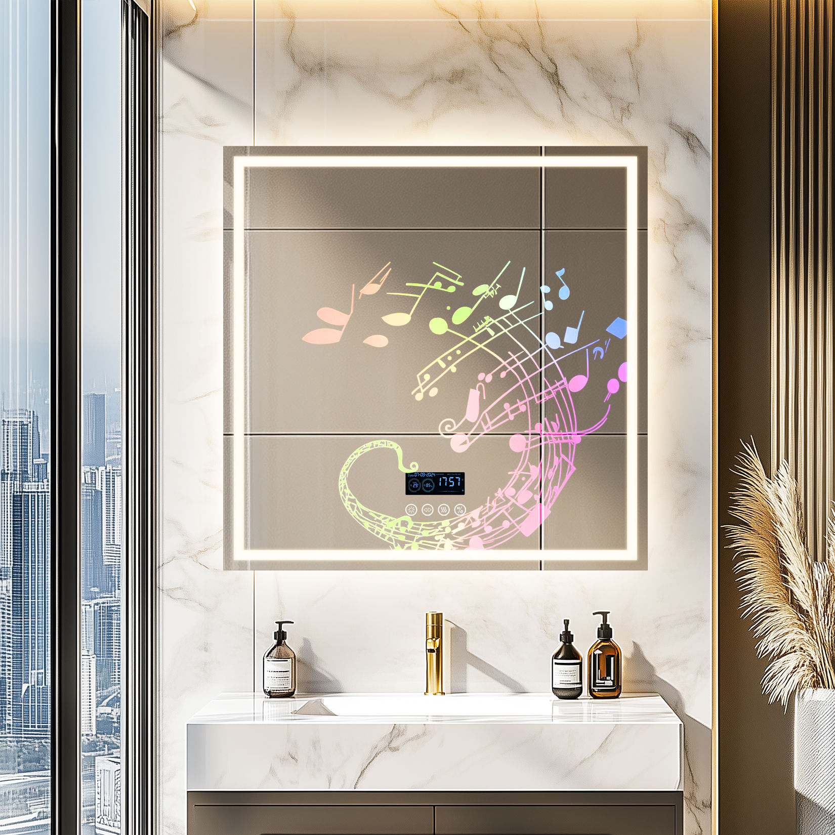 Wisfor LED Lighted Bathroom Mirror 32 Inch Square Lighted Bluetooth Speaker Dimm