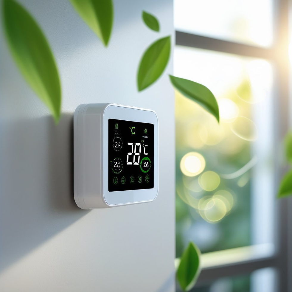 Digital thermostat displaying 28°C on a wall, with green leaves and sunlight in the background, creating a fresh, eco-friendly ambiance.