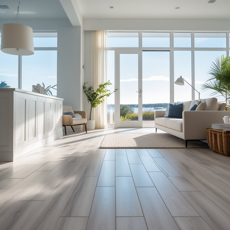 Bright living room with large windows, white sofa, and green plants. Wooden floor and coastal view outside convey a serene atmosphere.