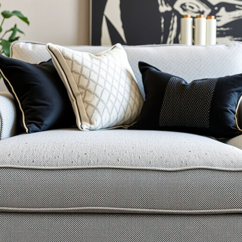 Gray sofa with three cushions: one white with a diamond pattern, two black with thin zigzag and plain designs. Minimalist art in background.