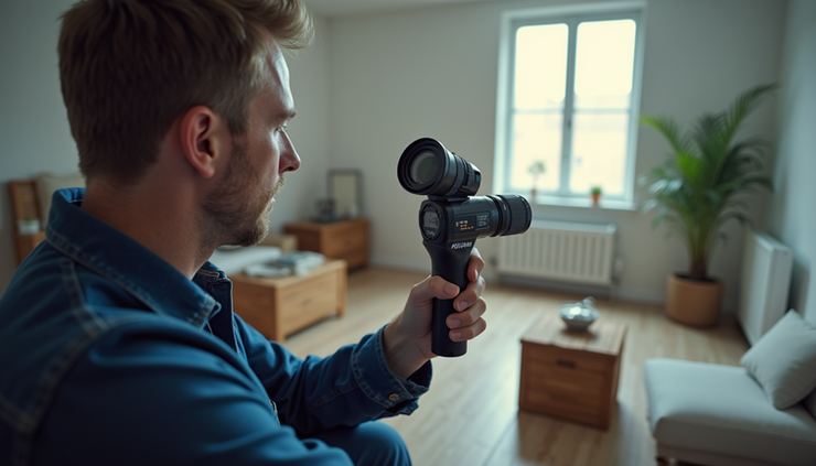 High angle view of a plumber using a pipe inspection camera inside a Highland Park home